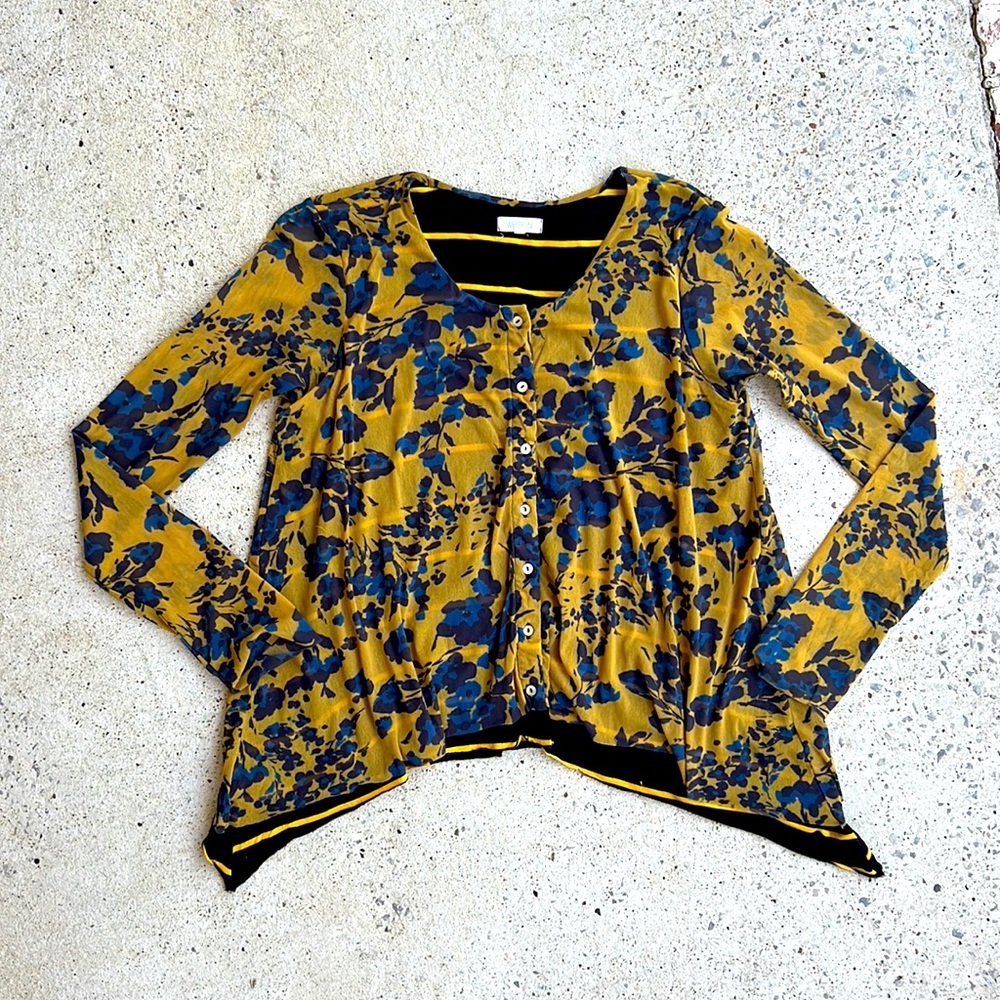 Anthropologie Weston floral mesh over navy/yellow stripes button front top Large